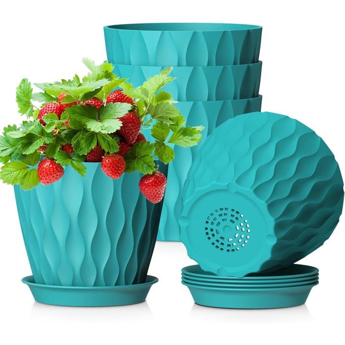 12.7cm Pot de Fleur Interieur Lot de 5 Plastique Pot Plante avec Drainage et Soucoupes Design Ondulé 3D Moderne Bleu Vert