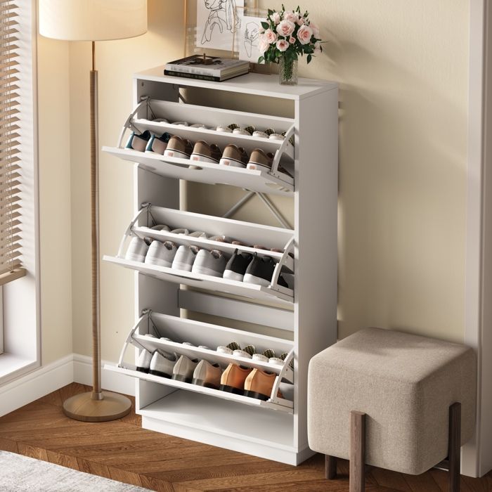 Meuble à Chaussures Entrée LEMLIT 3 Abattants Miroir Rond Grand Rangement Design Moderne Gain de Place 63x24x120 cm - Blanc