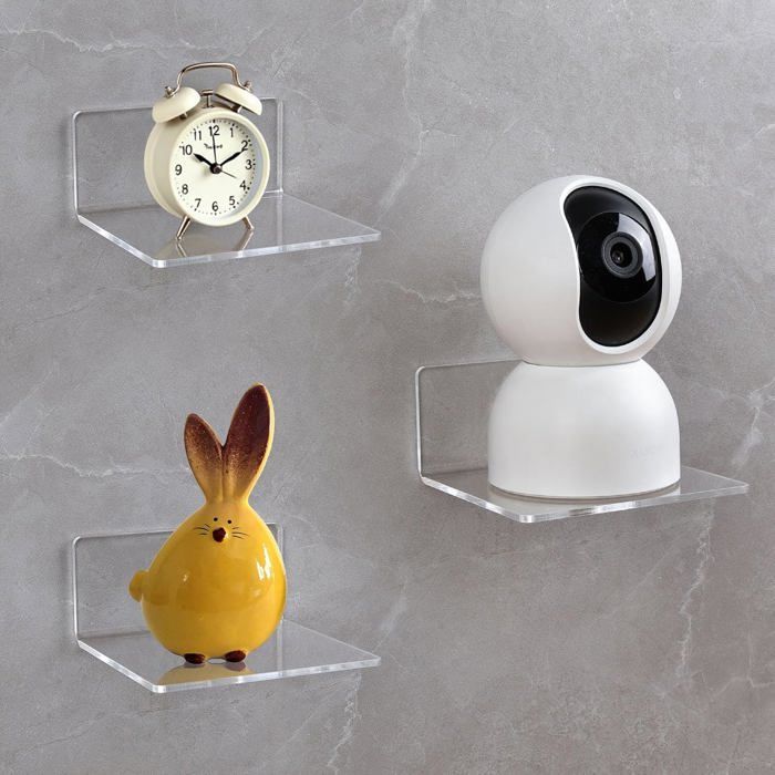 Étagère murale acrylique transparent lot de 3 - 10 cm flottante charge max 5 kg fixation adhésif transparent et visserie incluse
