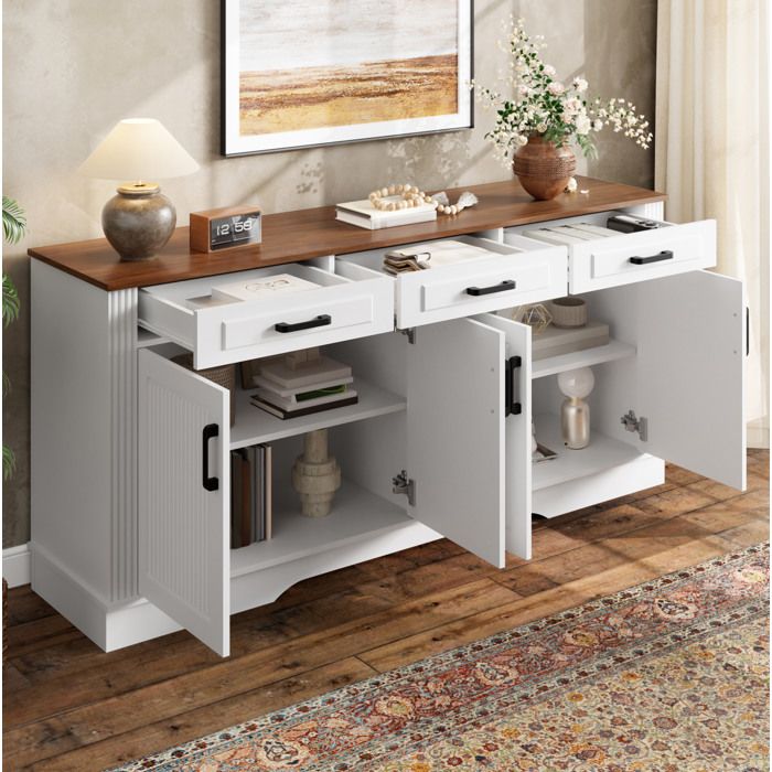MEUBLIV Buffet bas blanc en MDF 4 portes 3 tiroirs plateau effet bois 160 cm