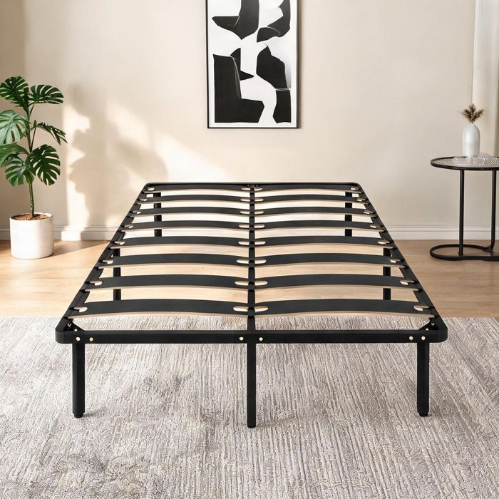 Lit double 140x190 cm avec sommier à lattes bois massif et structure acier rangement intégré