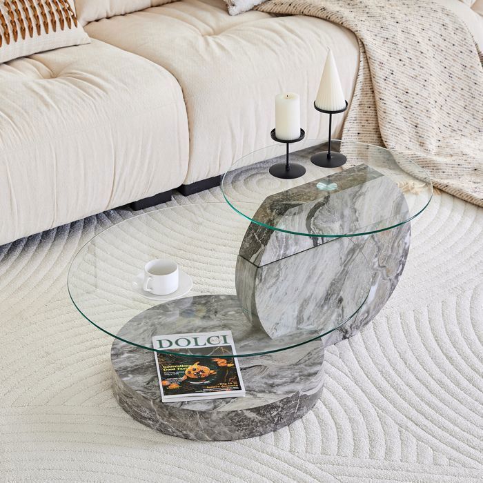 Table Basse 2 Niveaux Verre Sécurisé Gris Table De Salon Moderne FloraGrace Pour Salon Facile A Assembler 90x70x44cm