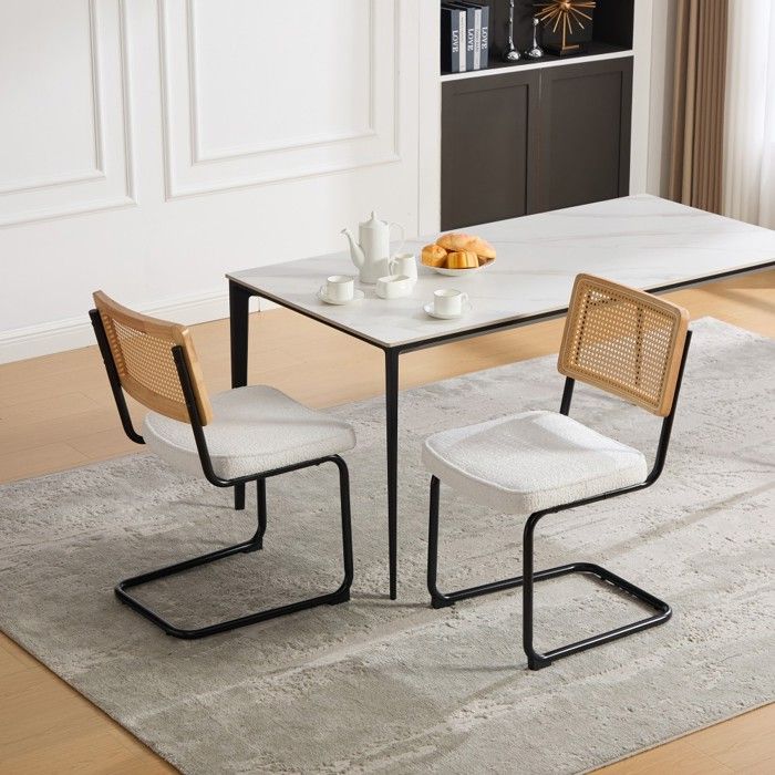 Lot de 2 chaises ivoire 46x58x86cm structure métal noir dossier rotin assise chenille vintage pour salle‑à‑mangerSans Table Lot de 2 chaises ivoire 46x58x86cm structure métal noir dossier rotin assise chenille vintage pour salle‑à‑mangerSans Table
