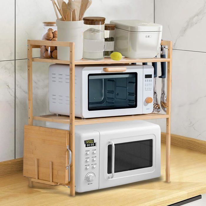 Étagère cuisine 3 niveaux bambou - 4 crochets support planche - 52 x 37 x 65 cm - support micro-ondes multifonction pour armoire
