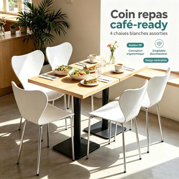 PIPIPOXER Lot de 4 chaise de salle à manger PP Blanc Facile à entretenir Chaise Empilable Pied Métal Galvanisé pour Café Bistro