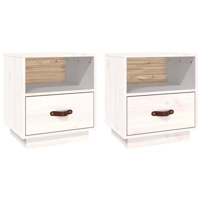 NEW Lot de 2 chevets - UU - Table de chevet/nuit - Blanc 40x34x45 cm Bois de pin massif FR_20337