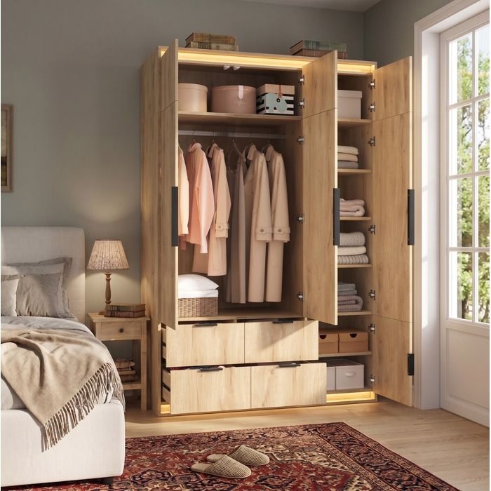 MEULVA Armoire de chambre 3 portes avec miroir LED 4 tiroirs et tringle 135 x 47 x 200 cm MDF aspect chêne