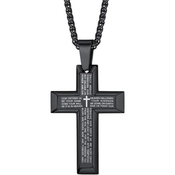 Collier Pendentif Breloque Prière Biblique Croix - Acier Inoxydable Bicolore Noir/argent - Neuf Avec étiquettes - Homme/femme