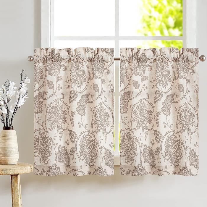 Lot De 2 Rideaux Brise bise En Lin Motif Fleurs Semi transparent 