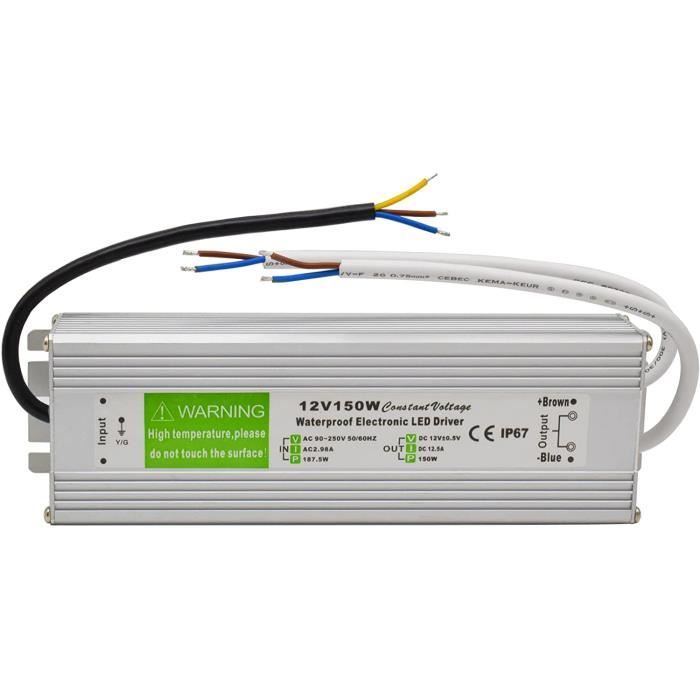 Transformateur LED 12V 150W IP67 Étanche Extérieur - Alimentation Tension Constante 12.5A Pour Bandes LED Et Ampoules
