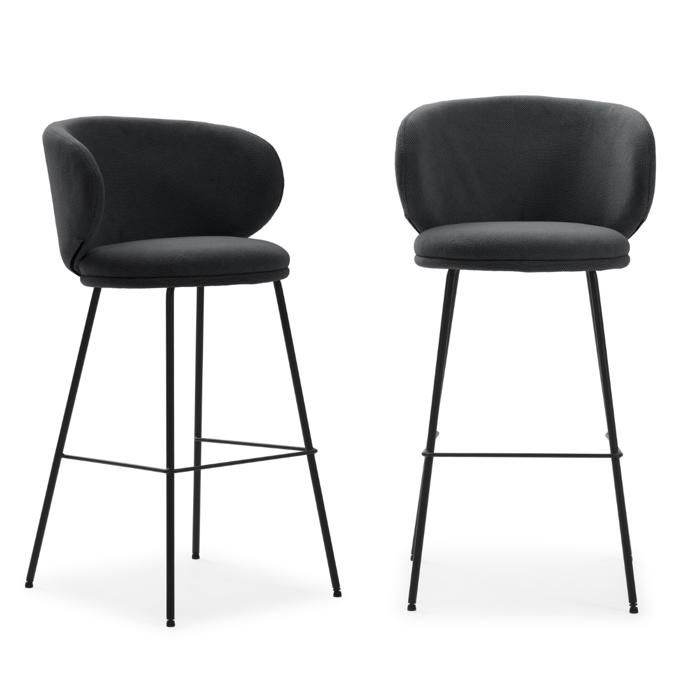 CALICOSY - Lot de 2 tabourets en tissu avec pieds en métal noir H65 cm - RUSH - Gris foncé CALICOSY - Lot de 2 tabourets en tissu avec pieds en métal noir H65 cm - RUSH - Gris foncé