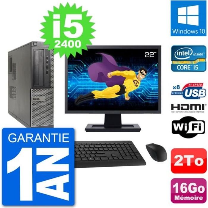 PC Dell 390 DT Ecran 22 i5-2400 RAM 16Go Disque 2To HDMI Windows 10 Wifi