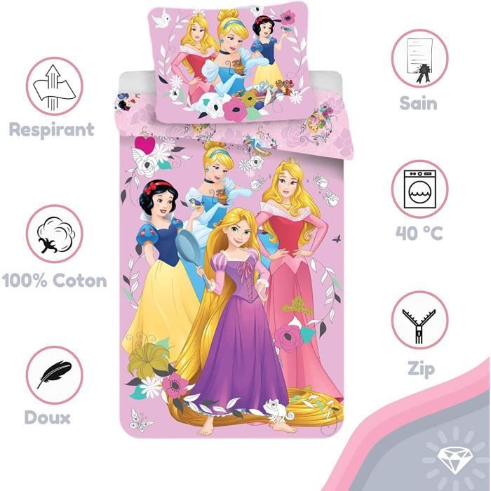 Disney Princesses Housse de couette enfant Parure de lit 140x200cm 50x70cm coton