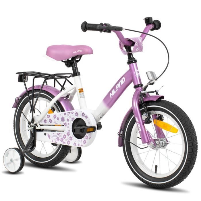 HILAND Bicyclette pour enfants, 14 pouces, bicyclette pour 3-5 ans avec frein à main, frein à pédale, violet
