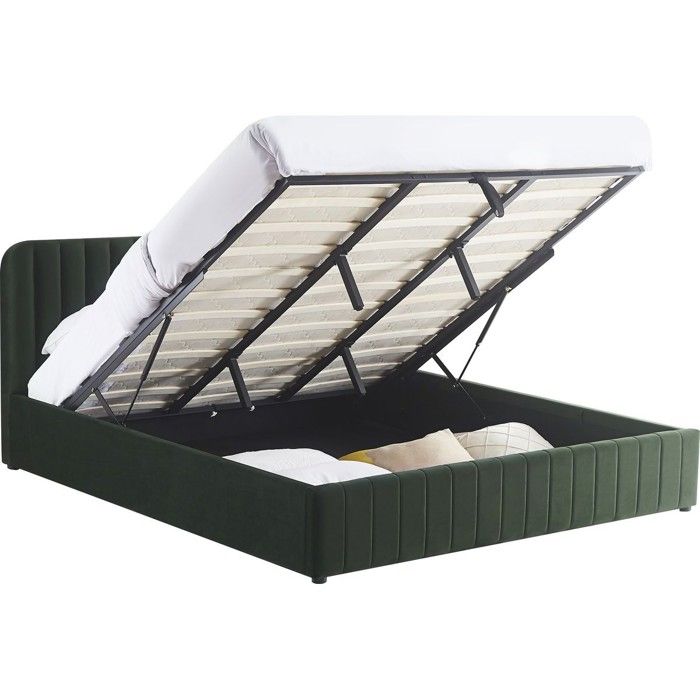 Lit coffre adulte 180x200 cm avec tête de lit capitonnée en velours vert kaki - Ava Lit coffre adulte 180x200 cm avec tête de lit capitonnée en velours vert kaki - Ava