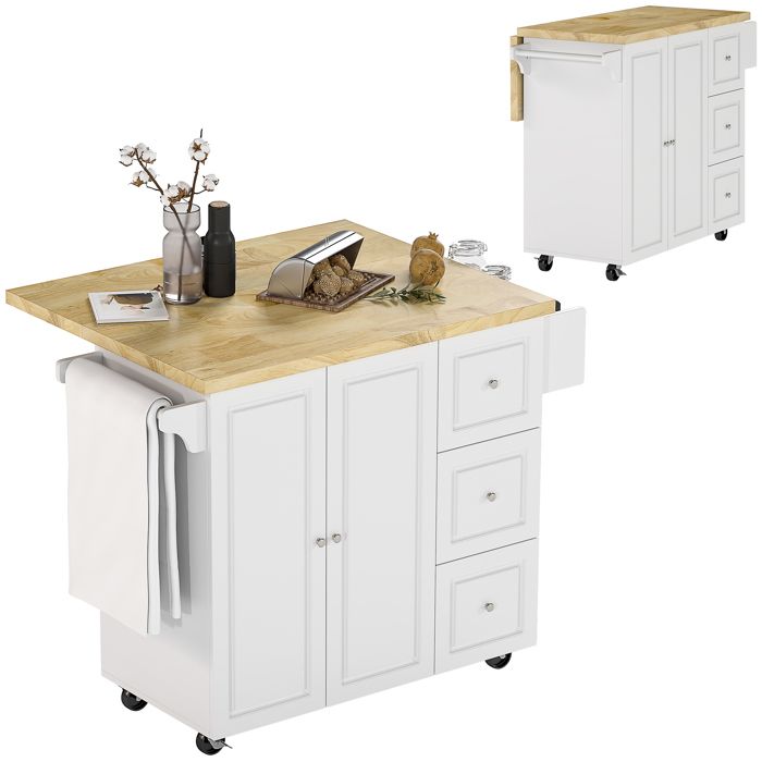 Desserte de cuisine - HOMCOM - îlot central plateau hévéa 3 tiroirs 1 placard porte-torchons - bois - 1115x45-75x89cm - blanc