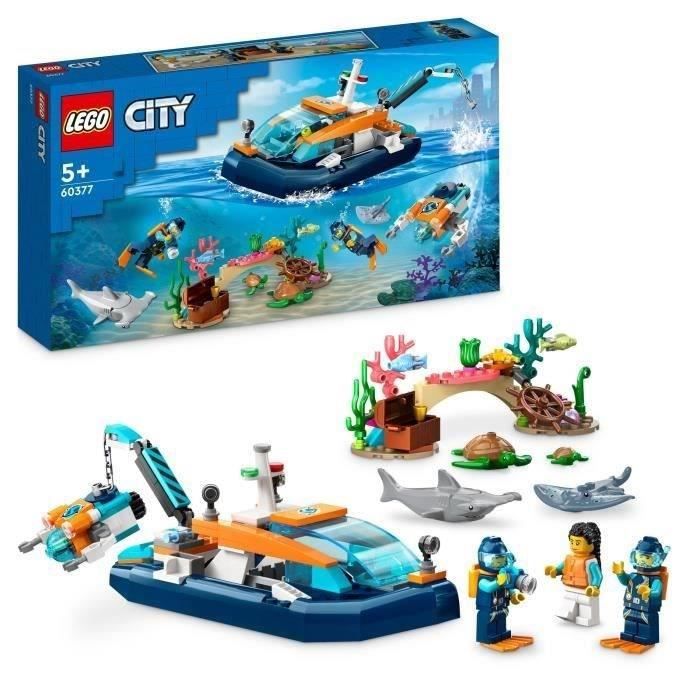 LEGO® City 60377 Le Bateau d’Exploration Sous-Marine, Jouet avec Figurines Animaux Marins