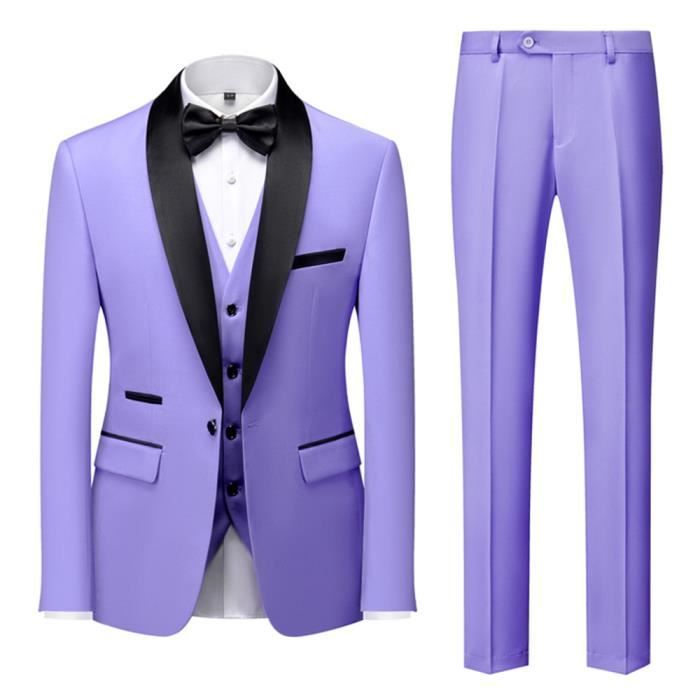 Veste Gilet Pantalon Noeud Costume Homme Mariage Business Slim Fit Smoking Men Suits Violet XD42B