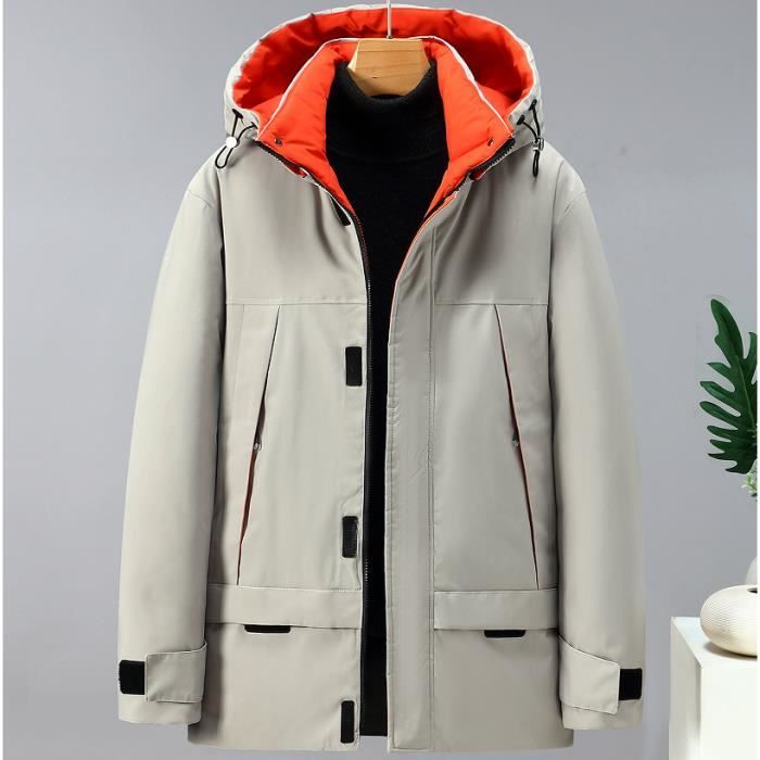 Doudoune Cargo Homme Mi Longues Hiver Multi Poches Casual Regular Beige Blanc