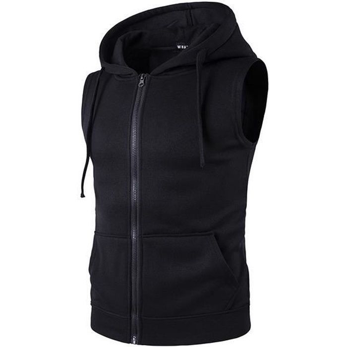 Veste sans manche homme Blouson Gilet garcon noir Automne printemps Capuche zippee 2 poches Noir Cdiscount Pret a Porter
