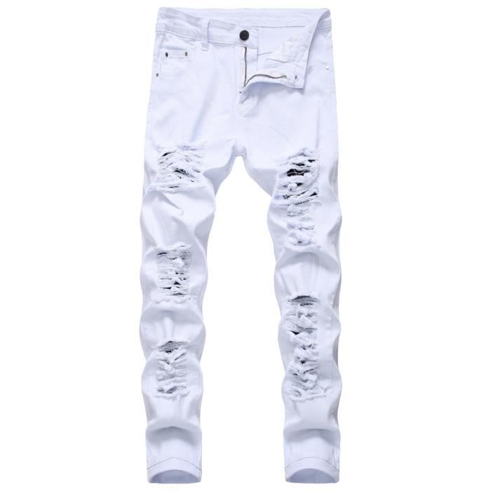 Jeans de Moto slim D chir s pour Hommes Blanc Blanc Cdiscount