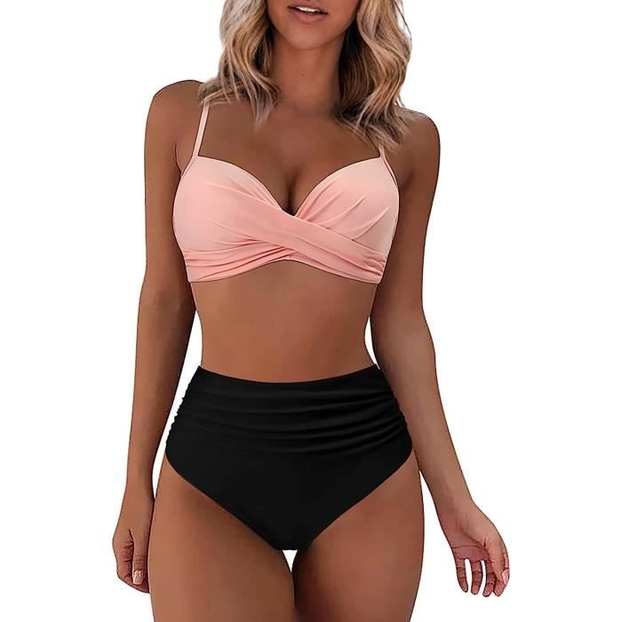 Bikini Sportif Femme 2 Pièces - Haut Push Up Bretelles Larges - Maillot Bain Natation Plage