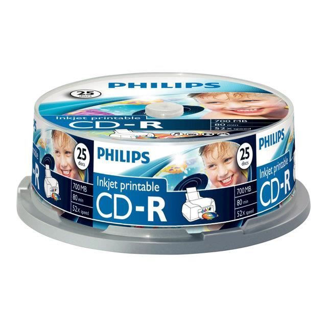 CD-R Philips CR7D5JB25 - 25 supports - 700 Mo (80 min) 52x - surface imprimable par jet d'encre