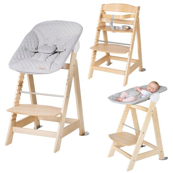 Chaise Haute Bébé en Bois Évolutive dès naissance/Inclus Transat pour nouveau-né Hauck Alpha Plus Newborn Set Beige naturel Hauteur réglable Coussin assise 
