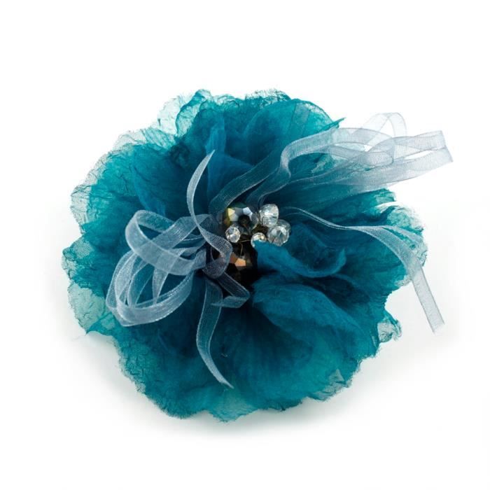 Broche ou pince à cheveux fleur en tissu mousseline 10.5cm - bleu RC007119