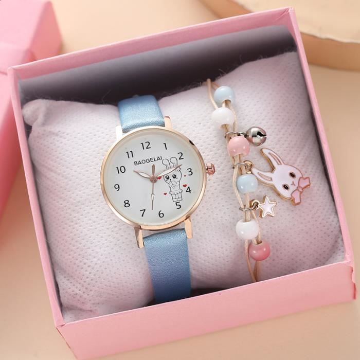 Coffret montre enfant fille bracelets – lapin mode bleu mignon