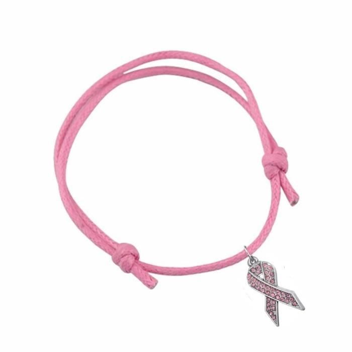 Bracelet octobre rose en coton rose coulissant et ruban argenté avec cristaux rose