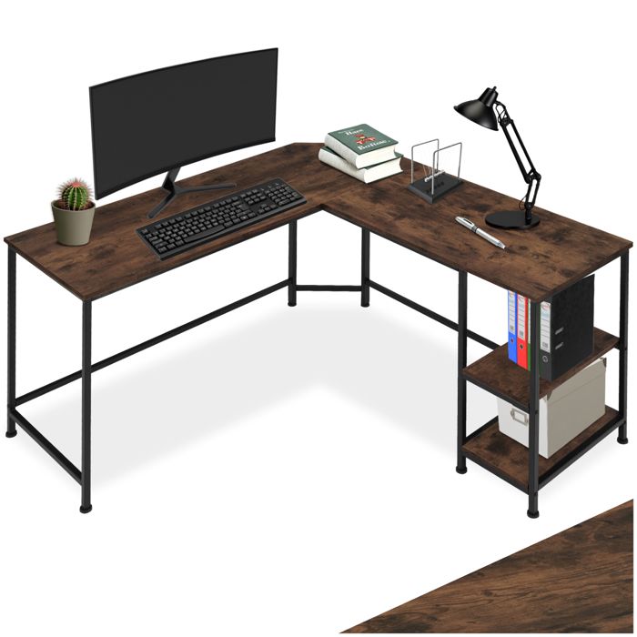 Bureau - TECTAKE - Bureau en L HAMILTON au style industriel avec 2 compartiments bois et acier 138 x 138 x 755 cm - Bois foncé