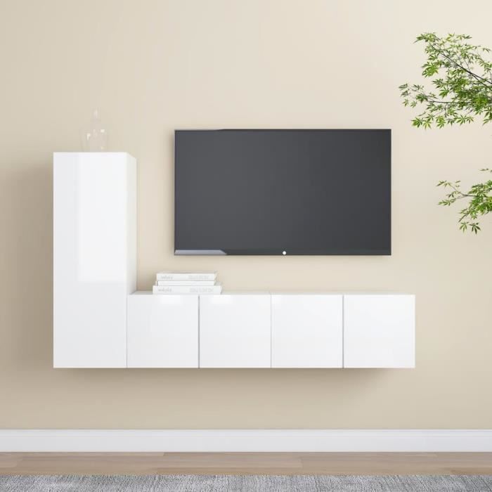 Ensemble de meuble TV suspendu - TMISHION - Blanc brillant - 90 cm - Meuble de salon - Contemporain - Design
