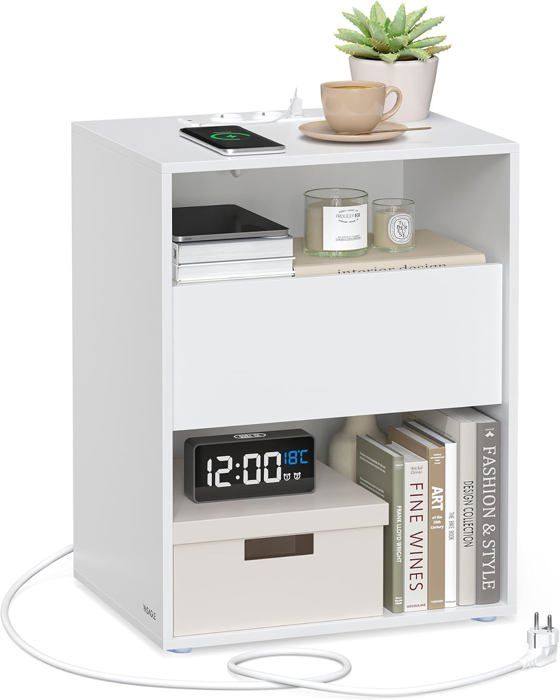 VASAGLE Table de Chevet avec Tiroir Moderne Assemblage Ultra-rapide sans Outils ToollessBlanc Mat