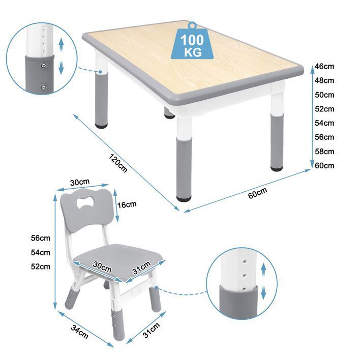 TWOLIIN Table réglable 4 chaises, meubles en plastique groupe table maternelle chambre ensemble garçons filles