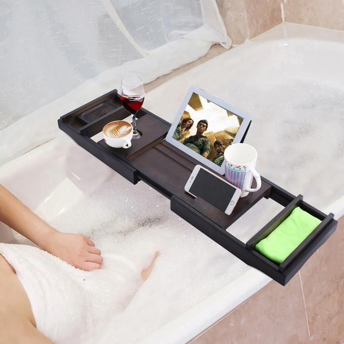 Accessoire Baignoire Pont Baignoire Bambou Extensible - Plateau Avec Pieds Réglables Et Rangements Plateau Bain Extensible