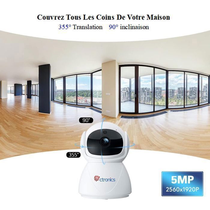 Ctronics Caméra Surveillance Intérieure 2K 3MP WiFi, Batterie, Vision