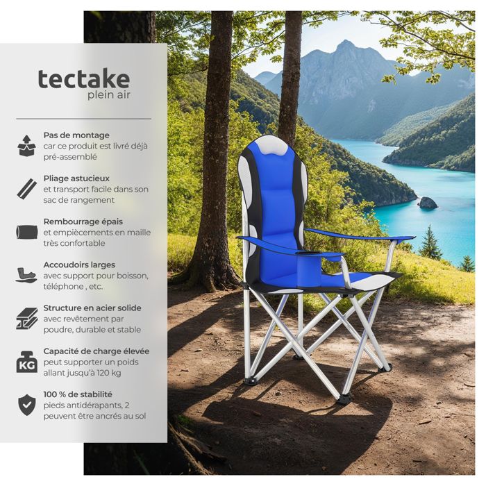 Lot De 2 Chaises Pliantes Camping Tectake – Rembourrées, Avec Porte-gobelet, Poche Latérale, Charge 120 Kg – Tissu Oxford 600D, Acier – Sac De Transport Inclus