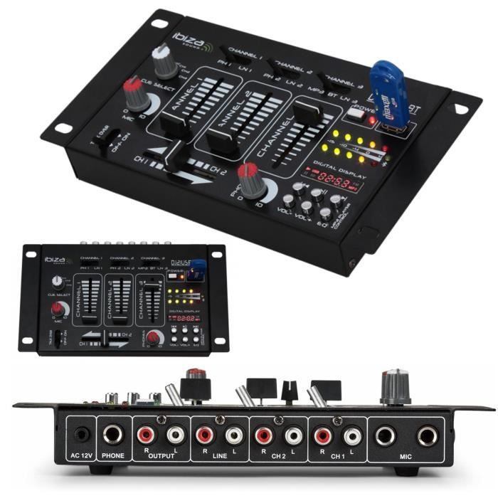 Pack Sono DJ Complet Ibiza - 2 Enceintes 1000W, Ampli 2x800W, Table Mixage Bluetooth, éclairages
