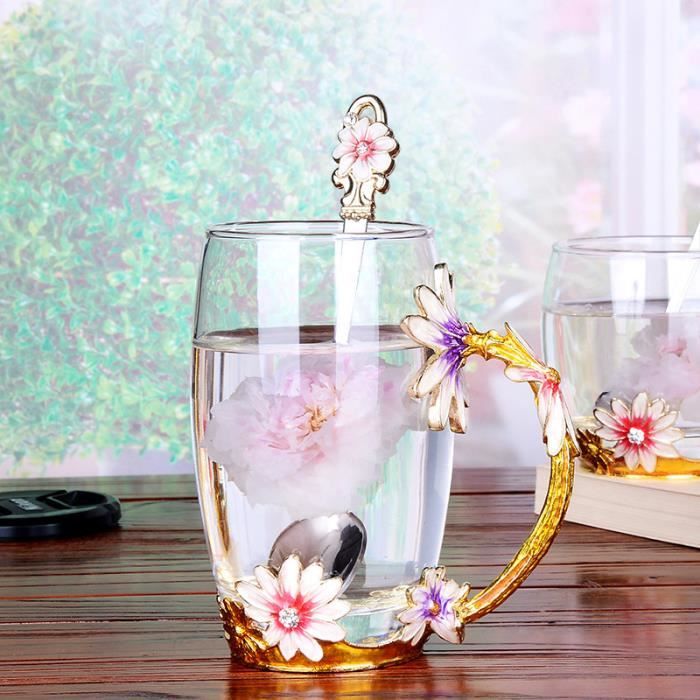 Tasse à Thé en Émail Papillon Fleur en Verre - 350ml Tasses à Café