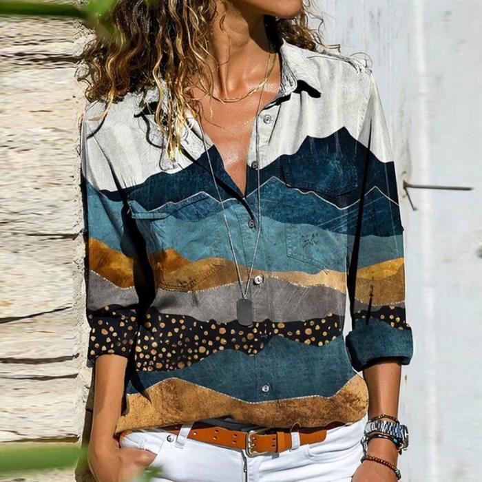 Blouse femme Femmes automne color motif Blouses chemises mode col