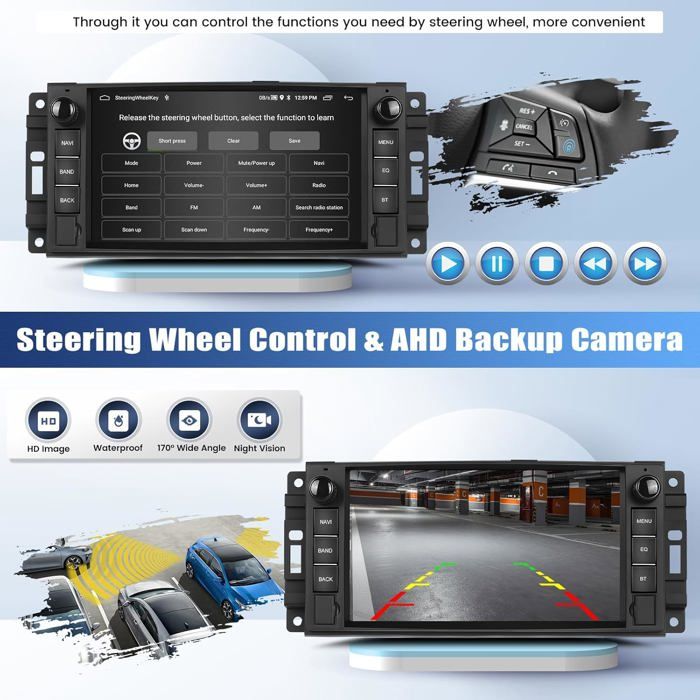 Autoradio Android 7 Pouces Pour Jeep Wrangler Ram JK Dodge Challenger - 6Go RAM 128Go, CarPlay/Android Auto Sans Fil, GPS, Caméra De Recul Incluse