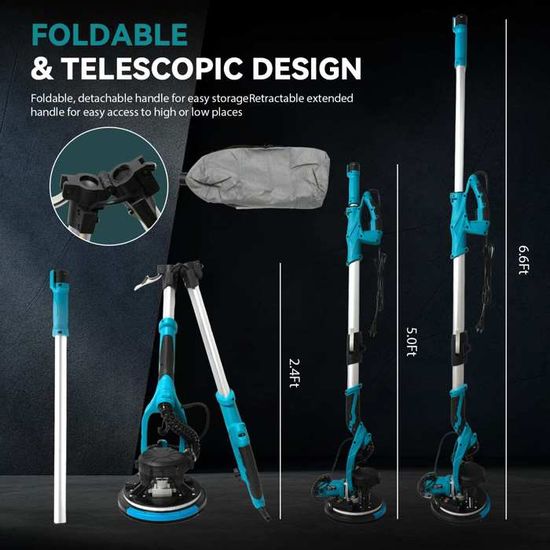 Ponceuse Girafe Professionnelle 850W - 5 Vitesses, Aspiration Poussière, Tête Inclinable 90°, Télescopique Jusqu’à 160 Cm, Avec Lampe LED