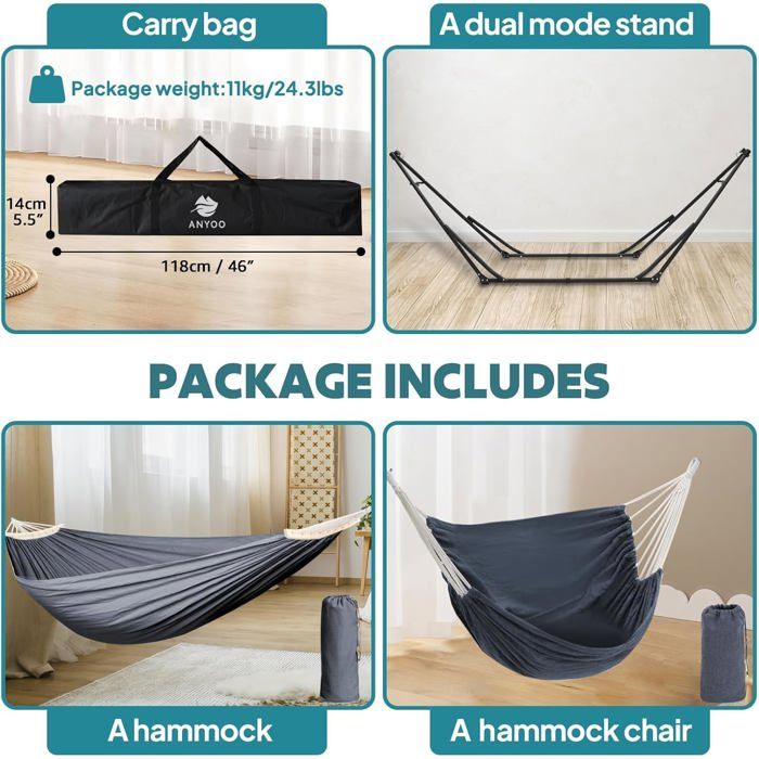 Hamac Et Chaise Suspendue Anyoo Avec Support Pliable - Double Usage Intérieur/Extérieur - 200 Kg