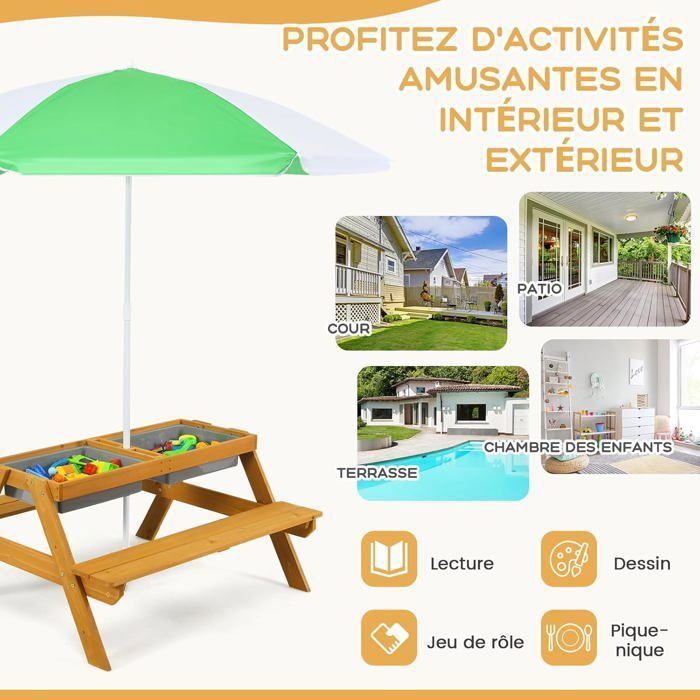 Table Pique-Nique Enfant GOPLUS Avec Bancs Et Parasol - Bois Sapin - 89x79x50 Cm - Noyer