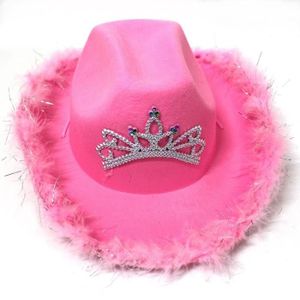 CASQUETTE Casquette,Chapeau de Cowboy rose à plumes et stras