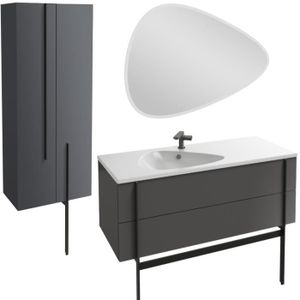 SALLE DE BAIN COMPLETE Meuble lavabo simple vasque 120 cm JACOB DELAFON Nouvelle Vague gris brillant + colonne de salle de bain 2 portes + miroir + pied