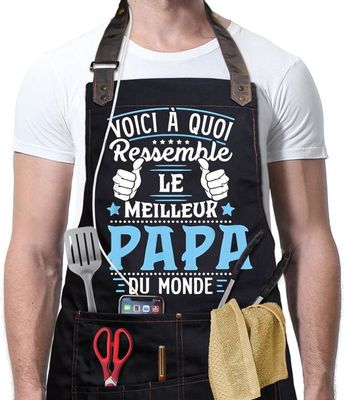 Tablier Cuisine Homme Humour Noir - Imperméable Réglable Avec Poches - Cadeau Parfait Papa Papi Barbecue