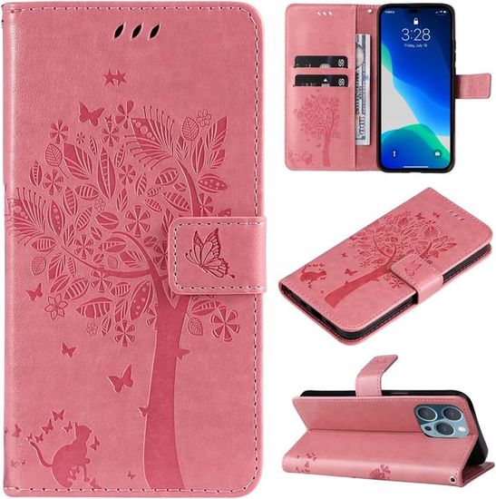 Étui Portefeuille Flip Violet Pour IPhone 15 - Motif Chat Et Fleurs - Marque Odeydo