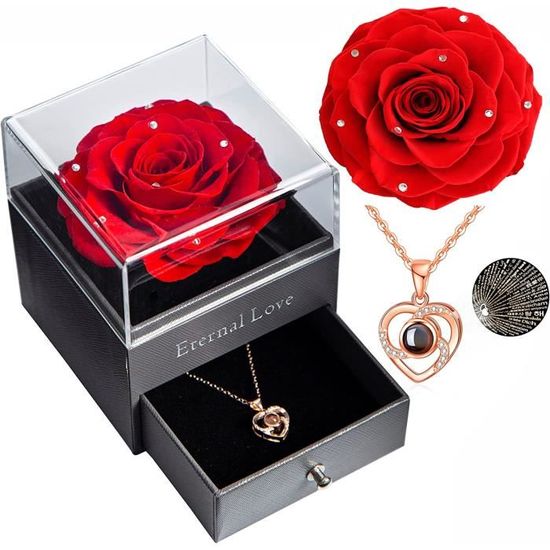 Rose Éternelle Avec Collier Cœur - Cadeau Romantique Femme - Anniversaire, Saint Valentin